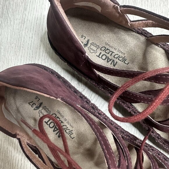 NAOT Yarrow Leather Ghillie Lace-Up Wedge Sandals Burgundy Women EU 37 US 6 - Picture 3 of 8